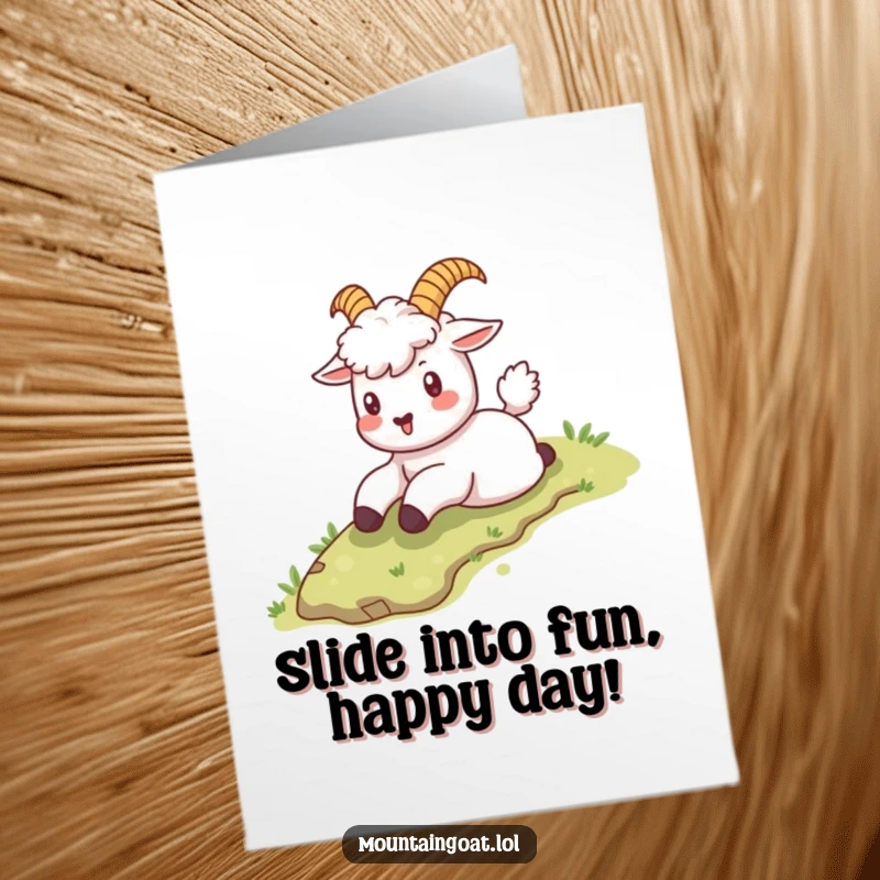 Funny Free Printable Kawaii Mountain Goat Card: Playful goat joyfully sliding down a gentle grassy slope for a birthday.