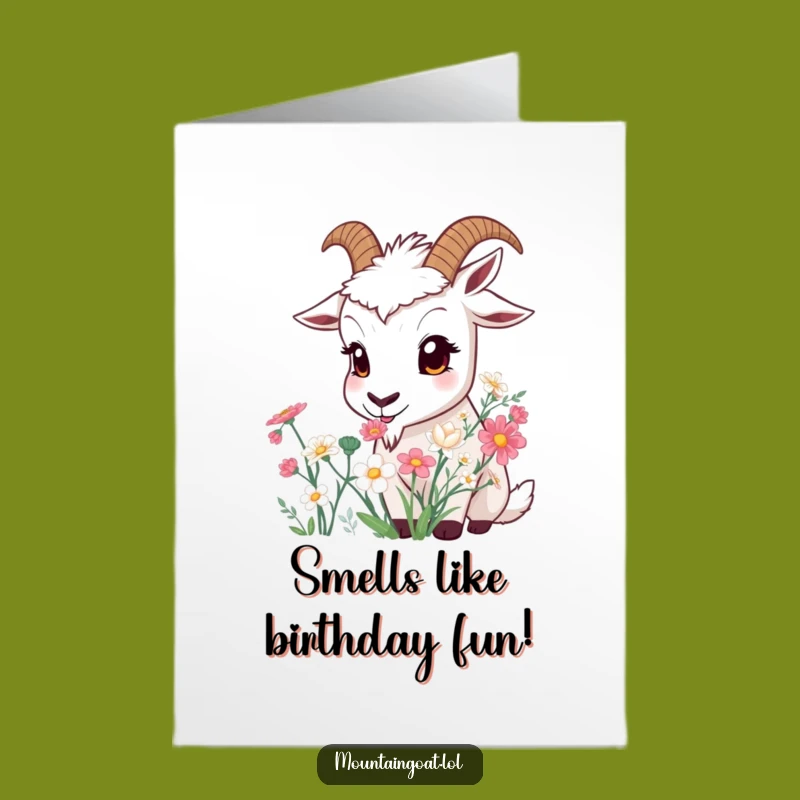 Free Printable Birthday Card: Curious Goat Smelling Flowers, Whimsical Downloadable Gift