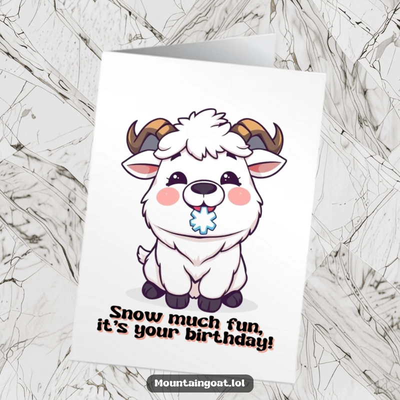 Funny Free Printable Birthday Card featuring a delighted Kawaii mountain goat playfully catching a snowflake on its tongue.