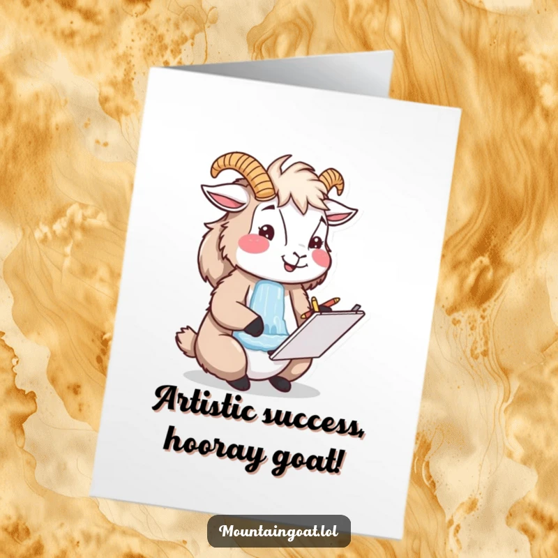 Free printable congratulations card showing a happy mountain goat focused on sketching a scenic waterfall in a small notebook.