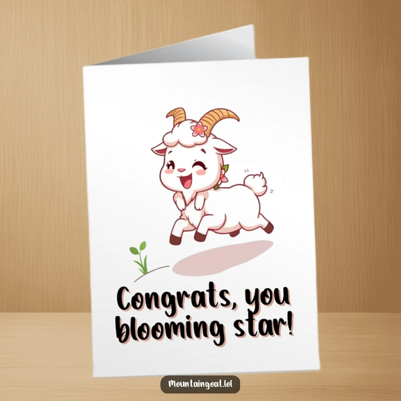 Joyful Free Printable Congrats Card: A happy mountain goat adorned with flowers in its fur, skipping uphill.