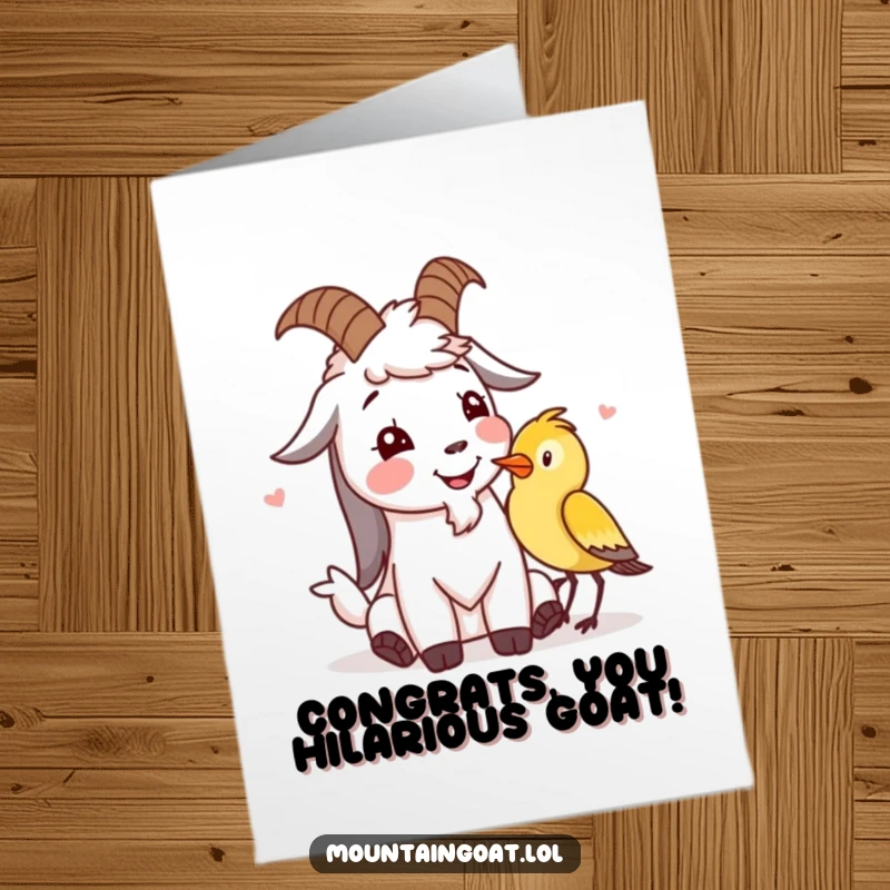 Funny Free Printable congratulations card: A mountain goat and a small bird exchanging amused glances and giggles.