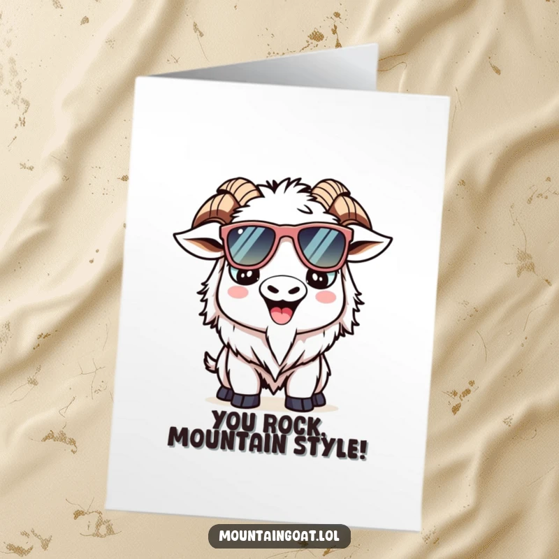 Funny free printable Kawaii mountain goat congratulations card, sporting oversized sunglasses with a confident, happy smile.