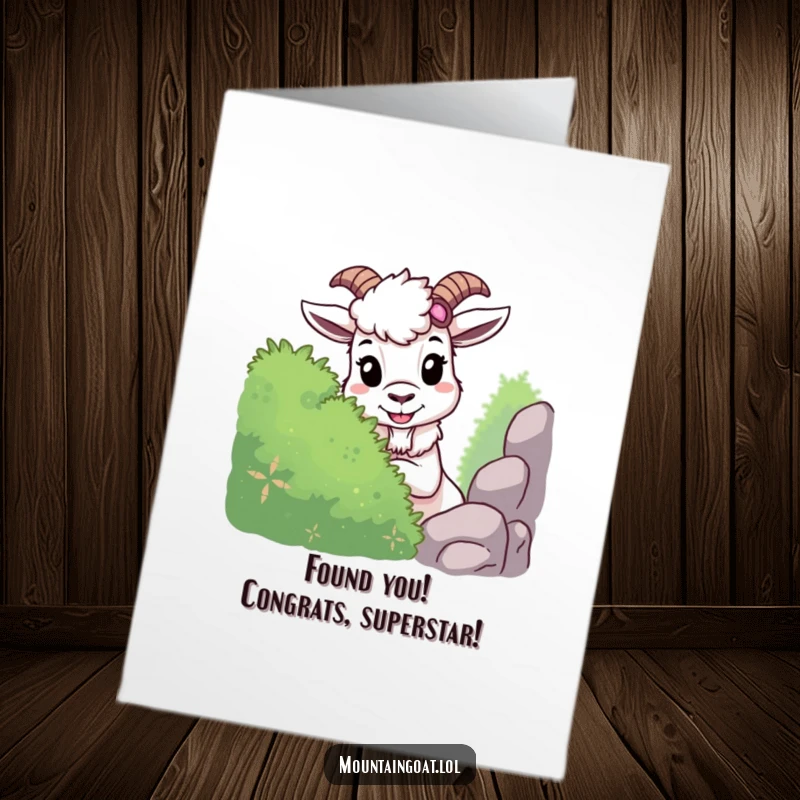 Funny Free Printable Congratulations Card: A mischievous mountain goat grins while playing hide-and-seek behind a leafy bush.