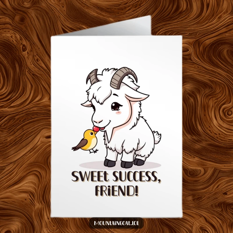 Funny Free Printable Congrats Card: A gentle mountain goat extends a berry to a small, astonished bird, celebrating connection.