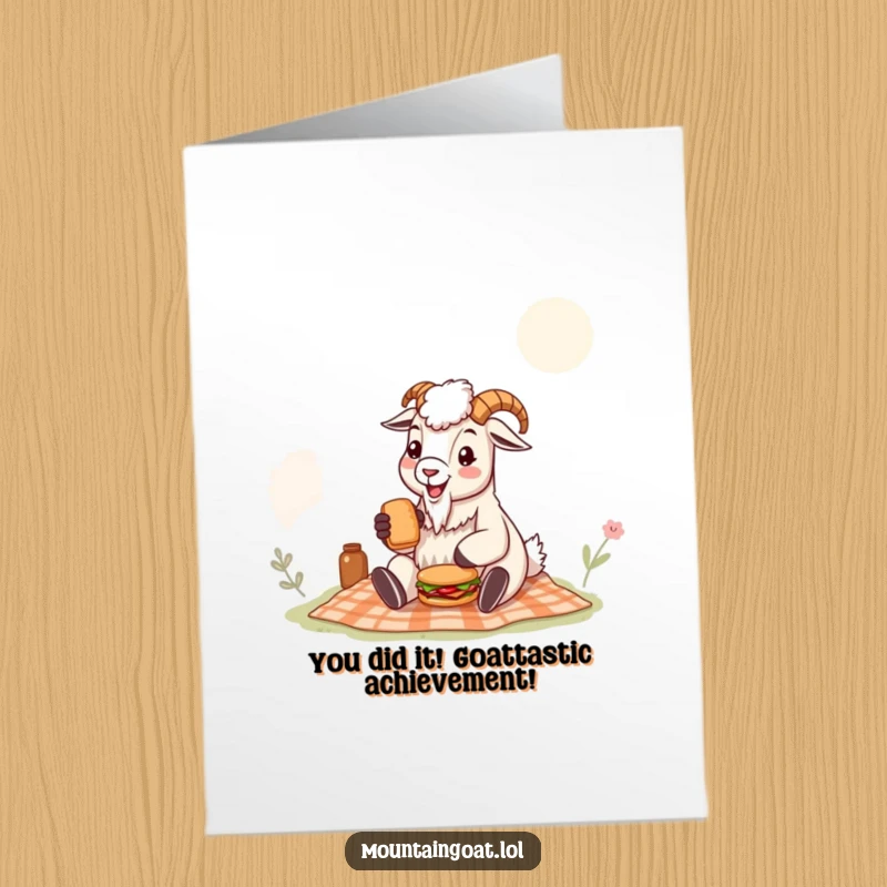 Funny Free Printable Congratulations Card: A mountain goat joyfully eats a mini sandwich during a picnic celebration.