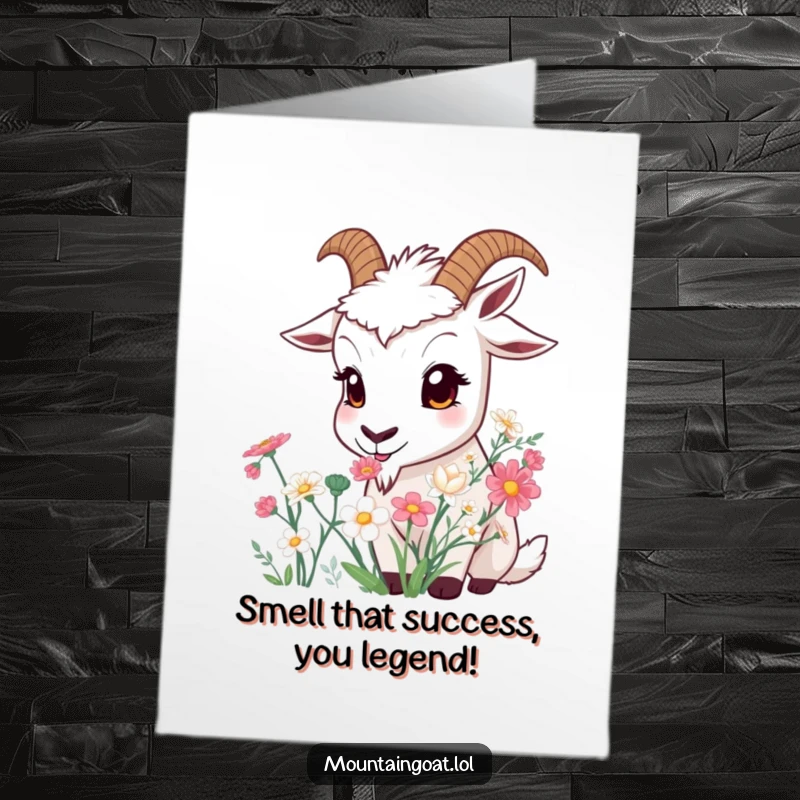 Funny free printable congratulations card: A curious mountain goat with big eyes smelling a vibrant bouquet of mountain flowers. Uplifting and cheerful.