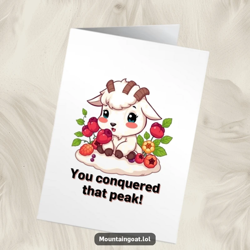 Funny Free Printable Congratulations Card: Mountain goat happily munches vibrant berries, celebrating success with a wholesome vibe.