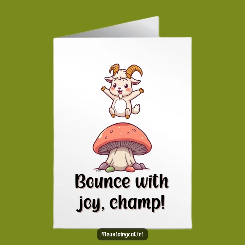 Free Printable Congrats Card: Happy Goat on Mushroom, Downloadable DIY Celebration Gift