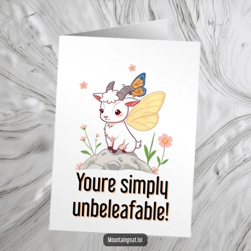 Funny free printable congratulations card showcasing a mountain goat with vibrant butterfly wings, flying near blooming mountain flowers.