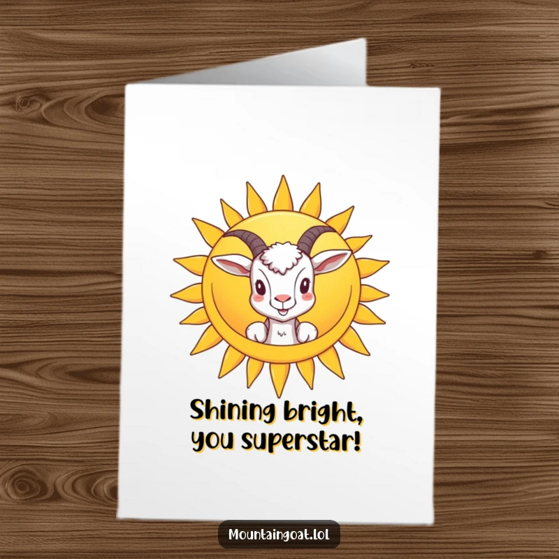 Funny Free Printable Congrats Card: A goat peeks from behind a big smiling sun, sending congratulations. Happy and bright. Downloadable.