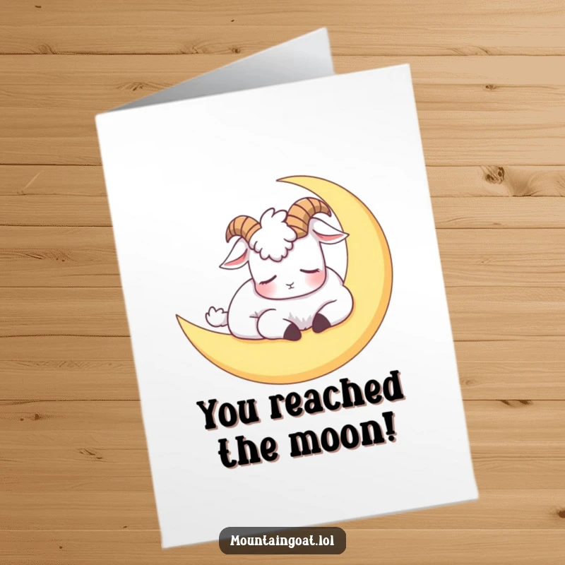 Funny Free Printable Congratulations Card: Sleepy mountain goat napping on a crescent moon, ideal for congratulating someone.