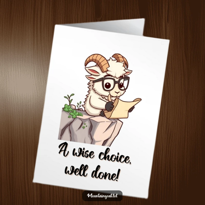 Funny Free Printable Congratulations Card: Scholarly mountain goat wearing spectacles reads a scroll on a cliff, celebrating intelligence.