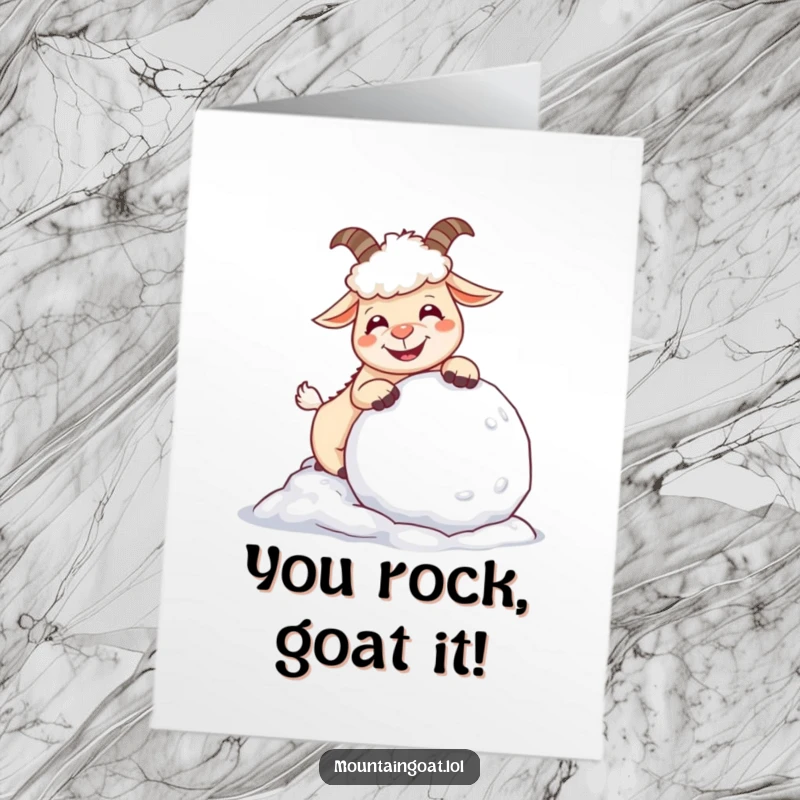 Funny Free Printable Congratulations Card: Giggling goat nudging a snowball, perfect for celebrating achievements with humor and downloadable charm.