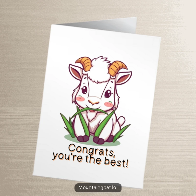 Funny Free Printable congratulations card: A mountain goat enjoying a tasty blade of grass with a look of simple satisfaction.