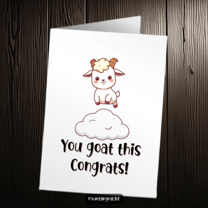 Funny Free Printable Congratulations Card showing a Kawaii mountain goat mid-leap over a cloud, celebrating success with style.