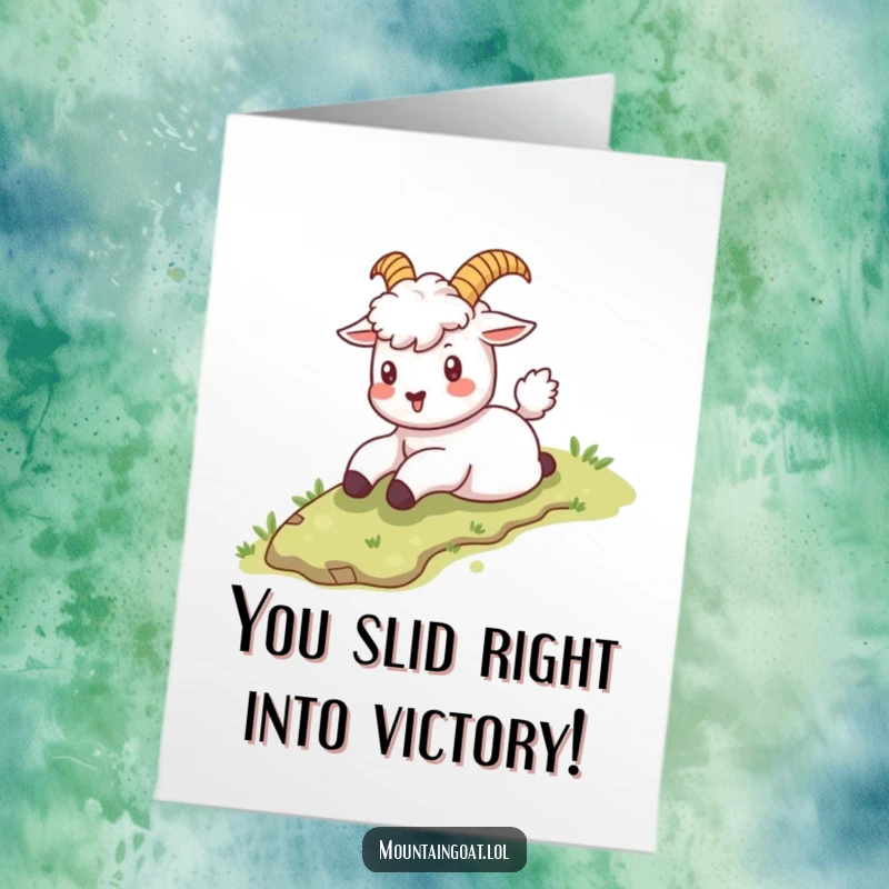 Funny Free Printable Kawaii Mountain Goat Card: Playful goat sliding down a slope to celebrate accomplishment.