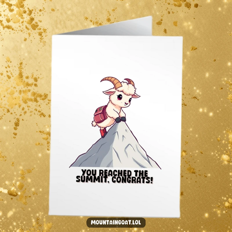 Funny Free Printable Congratulations card of a kawaii mountain goat in hiking boots, reaching a triumphant peak.