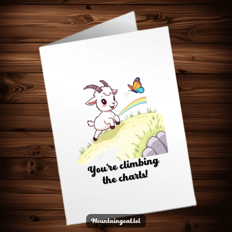 Funny Free Printable Congratulation Card: A mountain goat energetically pursuing a rainbow butterfly.