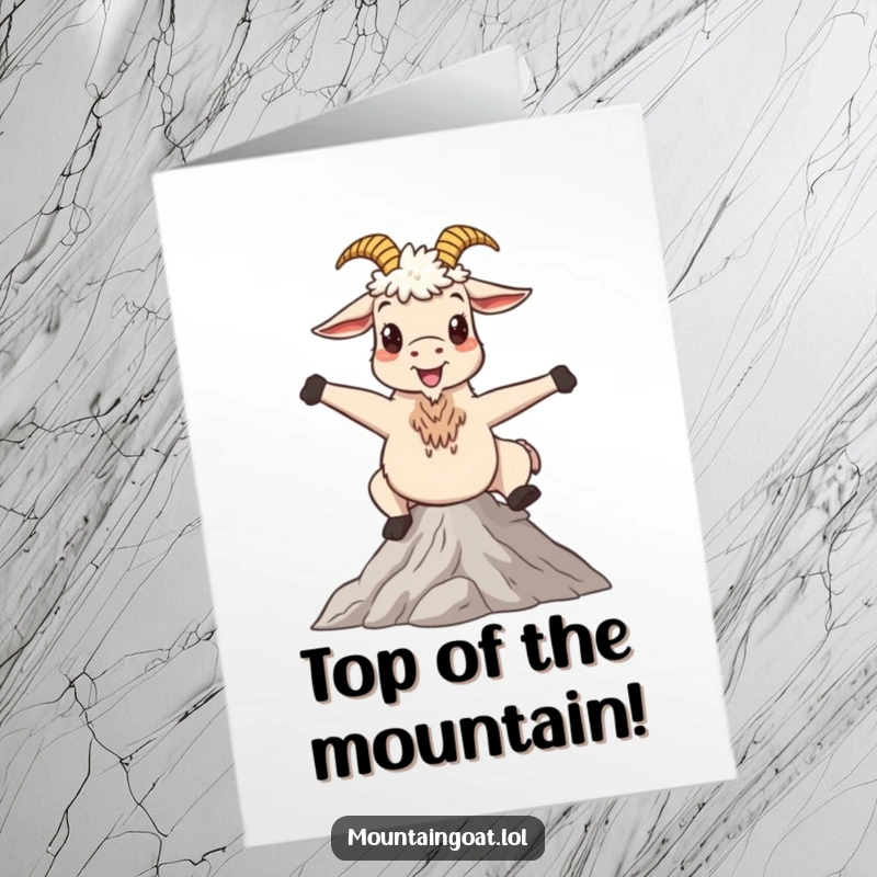 Funny Free Printable Congratulations Card of a happy mountain goat posing whimsically on a majestic, serene mountain peak.