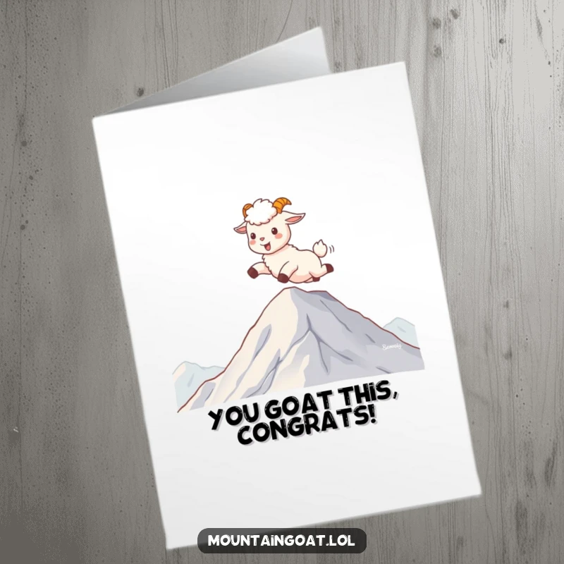 Funny Free Printable Congrats Card: A kawaii mountain goat skips gleefully on clouds, celebrating a fantastic success.