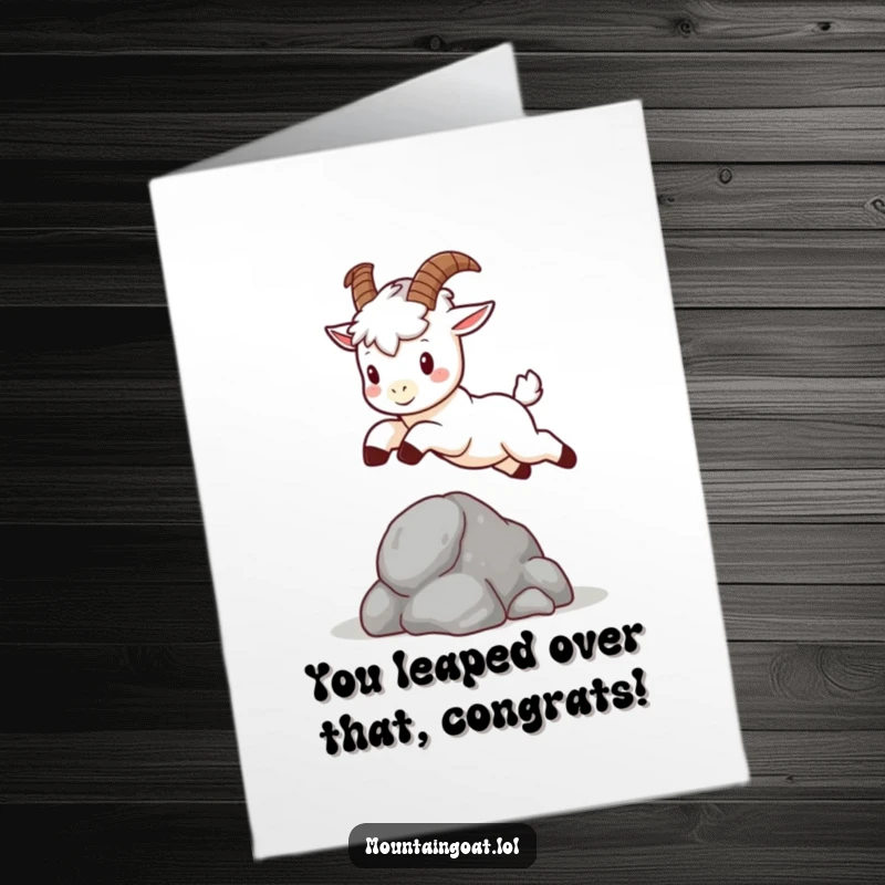 Free printable congratulations card: a charming kawaii mountain goat with small horns executes a graceful leap over a rock.