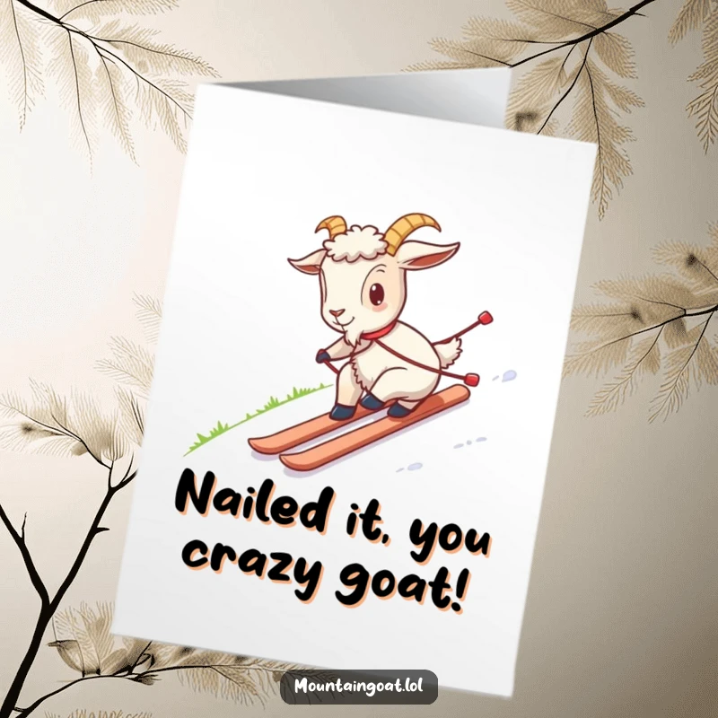 Funny Free Printable Congrats Card: A goat comically attempts to ski down a green hill, celebrating success with humor. Downloadable.