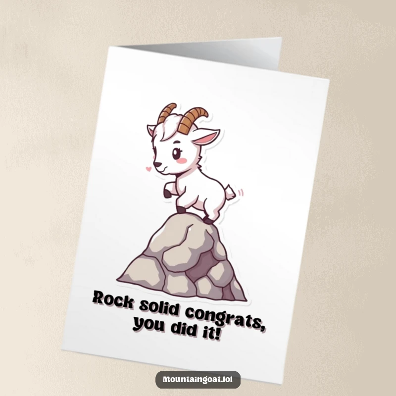 Funny free printable congratulations card: A small mountain goat character demonstrates expert balance on a solitary rock, celebrating a big win.