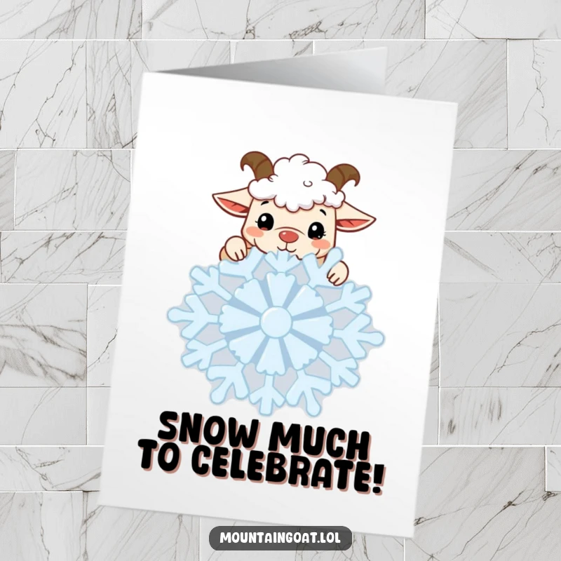 Funny Free Printable Congratulations Card: A cute kawaii mountain goat peeking inquisitively over a massive, ornate snowflake, sharing congratulations.