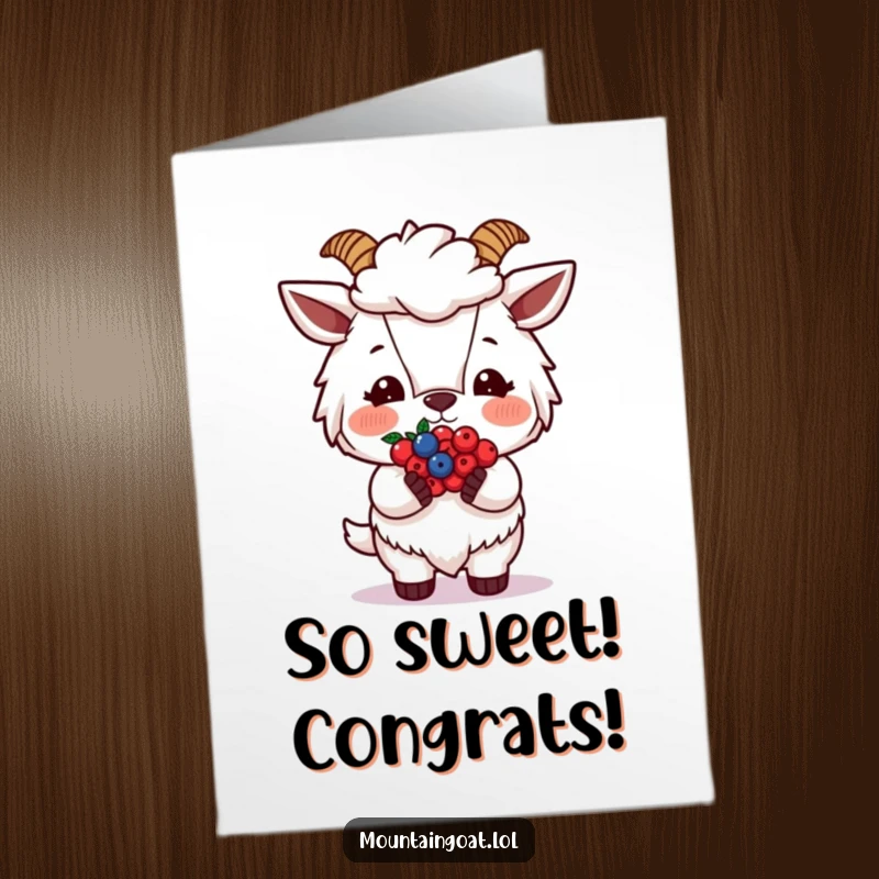 Funny Free Printable Congrats Card: A blushing mountain goat offers a small bundle of berries to celebrate.