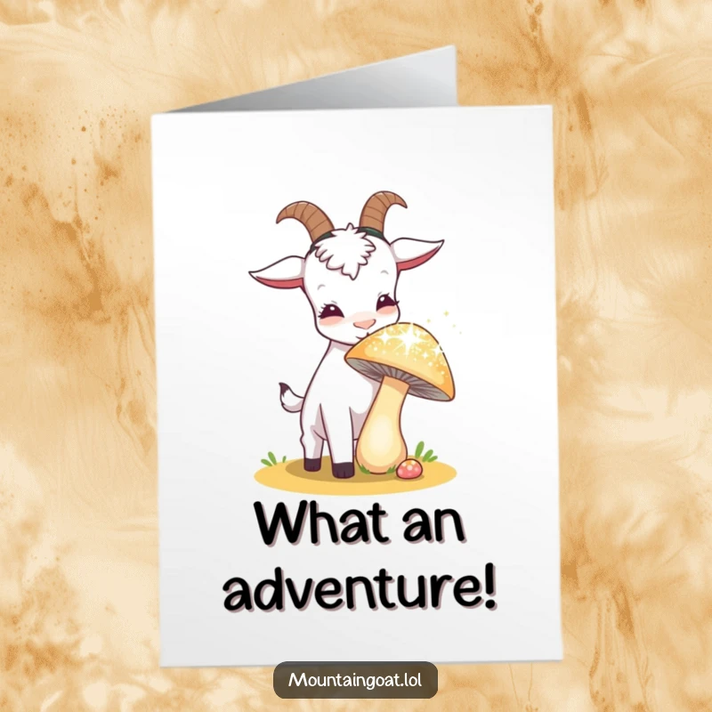 Funny Free Printable congratulations card showing a curious goat investigating a large, shimmering mushroom, celebrating a find.