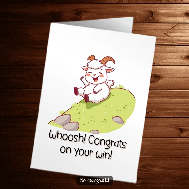 Funny free printable congratulations card: A happy mountain goat playfully slides down a gentle slope, celebrating a smooth victory.