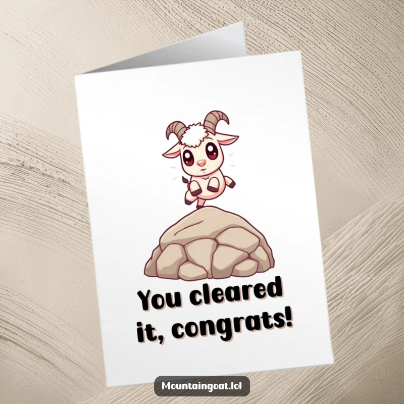 Cute Free Printable Congrats Card: A sweet mountain goat with large eyes jumping expertly over a small rock. Hooray!