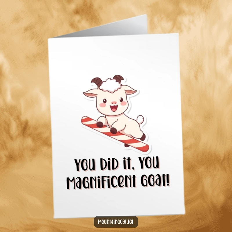 Funny Free Printable Congratulations Card: Kawaii mountain goat with rosy cheeks jumping over a candy cane, celebrating success.
