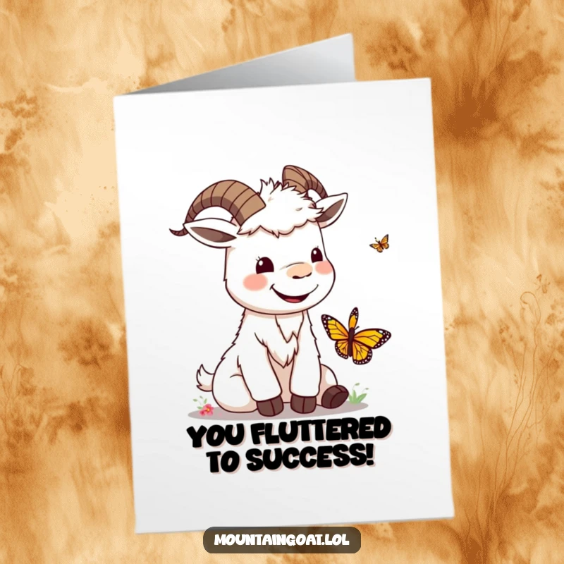 Funny Free Printable Kawaii Mountain Goat Card: Goat with a silly smile playing with a butterfly, congratulating success.