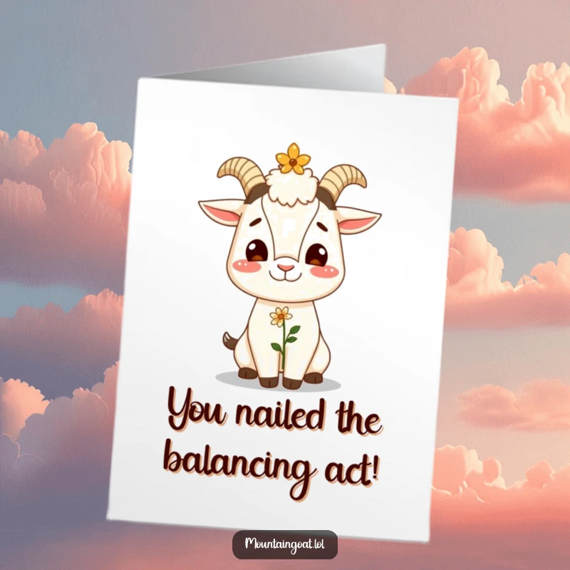 Funny Free Printable Congratulations Card: Giggling mountain goat balancing a tiny flower on its nose, perfect for celebrations.