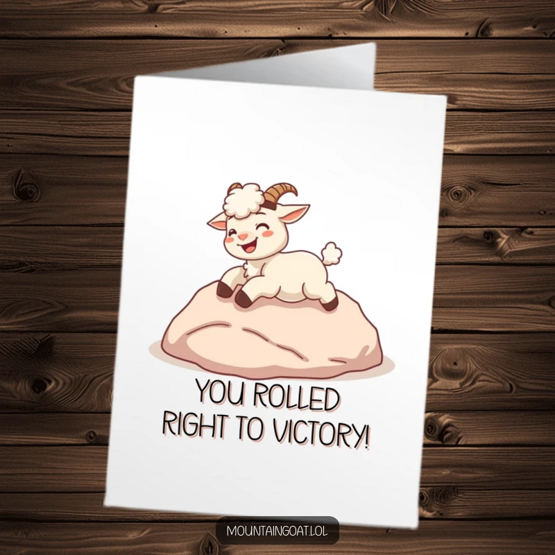 Funny Free Printable Congrats Card: Giggling kawaii mountain goat hilariously rolling down a soft hill, celebrating big wins.