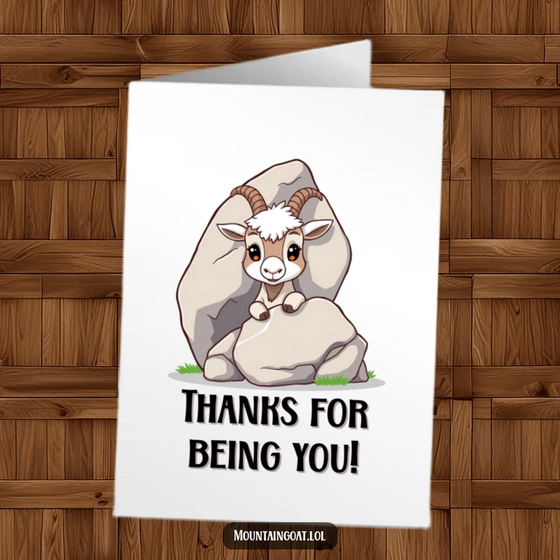 Curious Free Printable Thank You Card: A mountain goat curiously peeking from behind a large, smooth boulder.