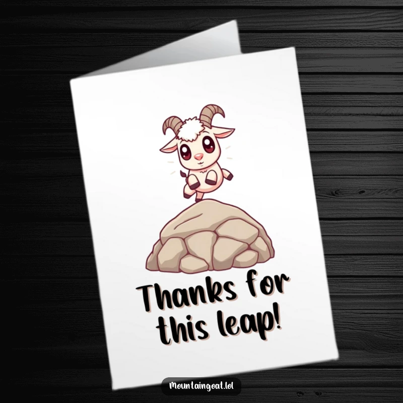 Cute Free Printable Thank You Card: A charming mountain goat with big, expressive eyes leaping over a small boulder.