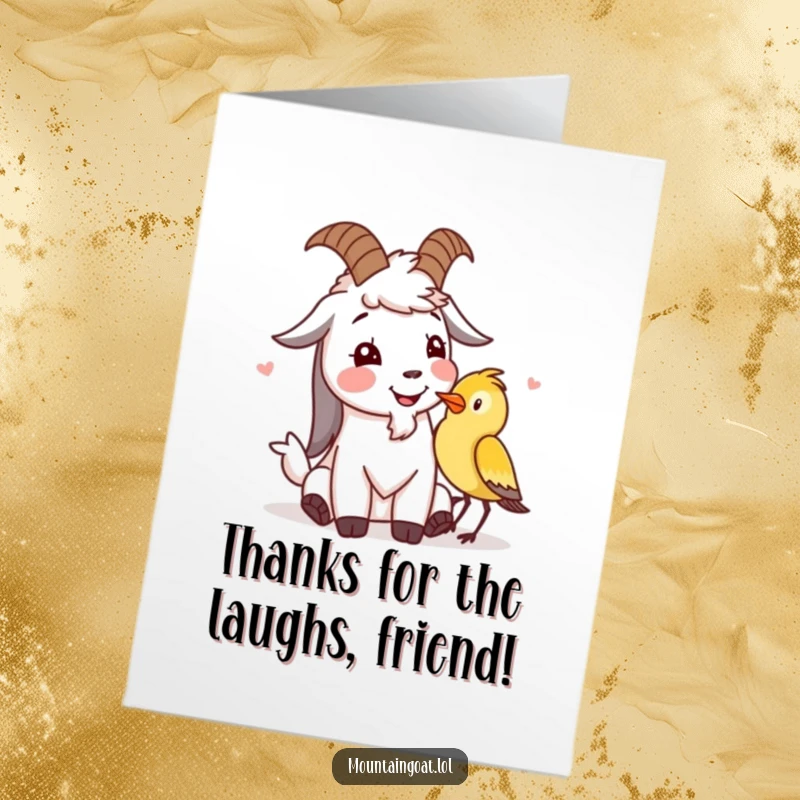 Funny Free Printable thank you card: A mountain goat and a little bird sharing a moment of mutual amusement and laughter.