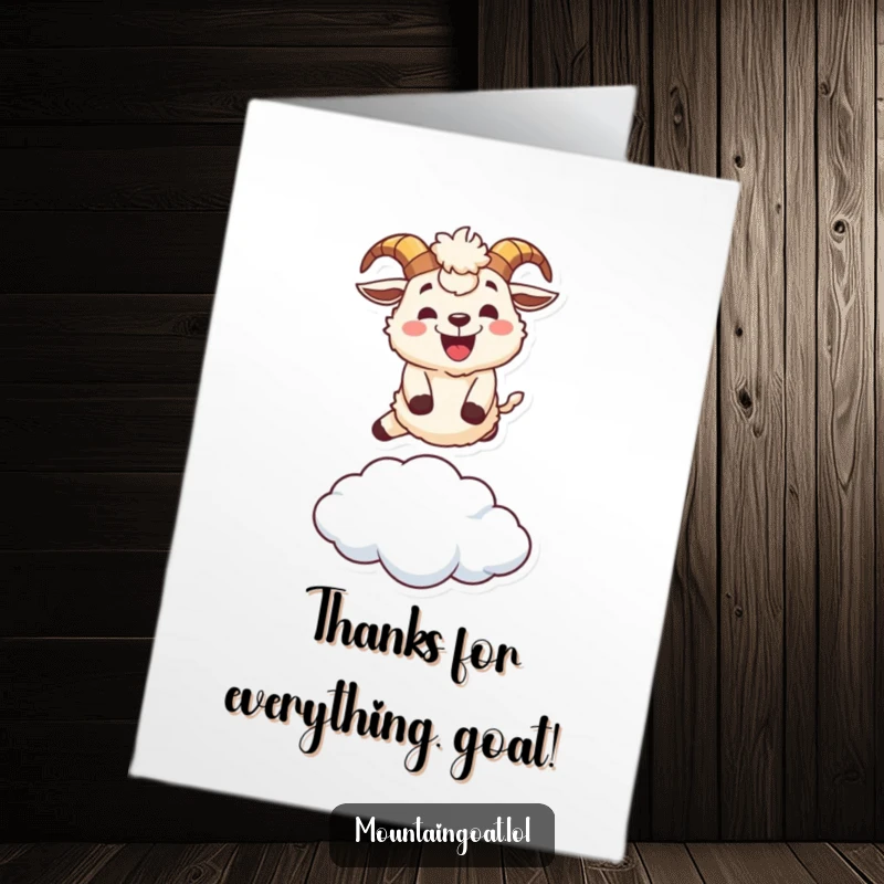 Funny Free Printable Mountain Goat Thank You Card: A happy goat leaps over a cloud, conveying thanks with a wide, cheerful grin.