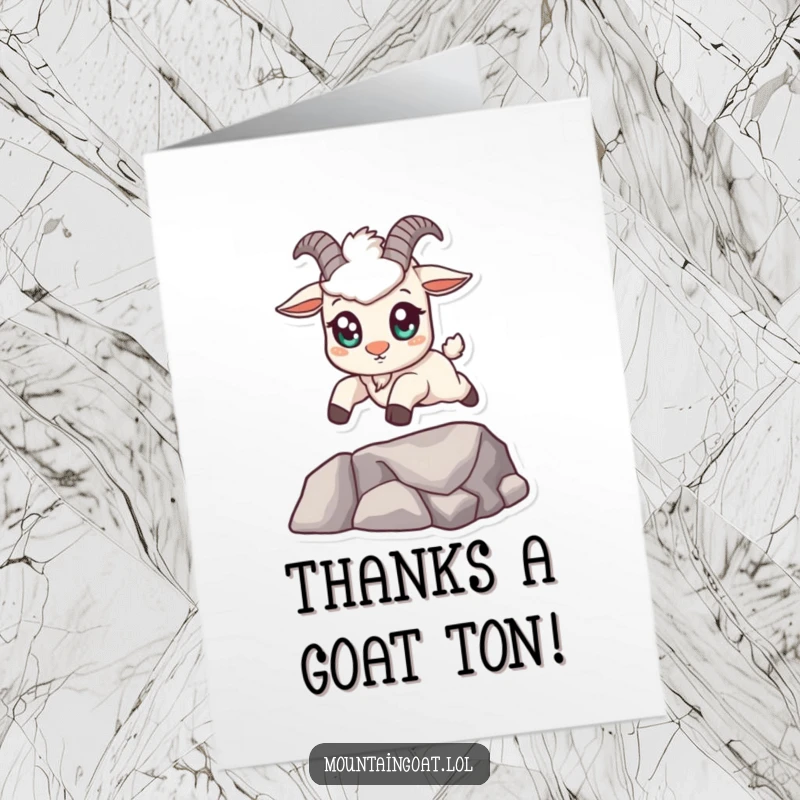 Funny free printable thank you card: Kawaii mountain goat with large eyes leaps across a gap, expressing gratitude with a bold move.