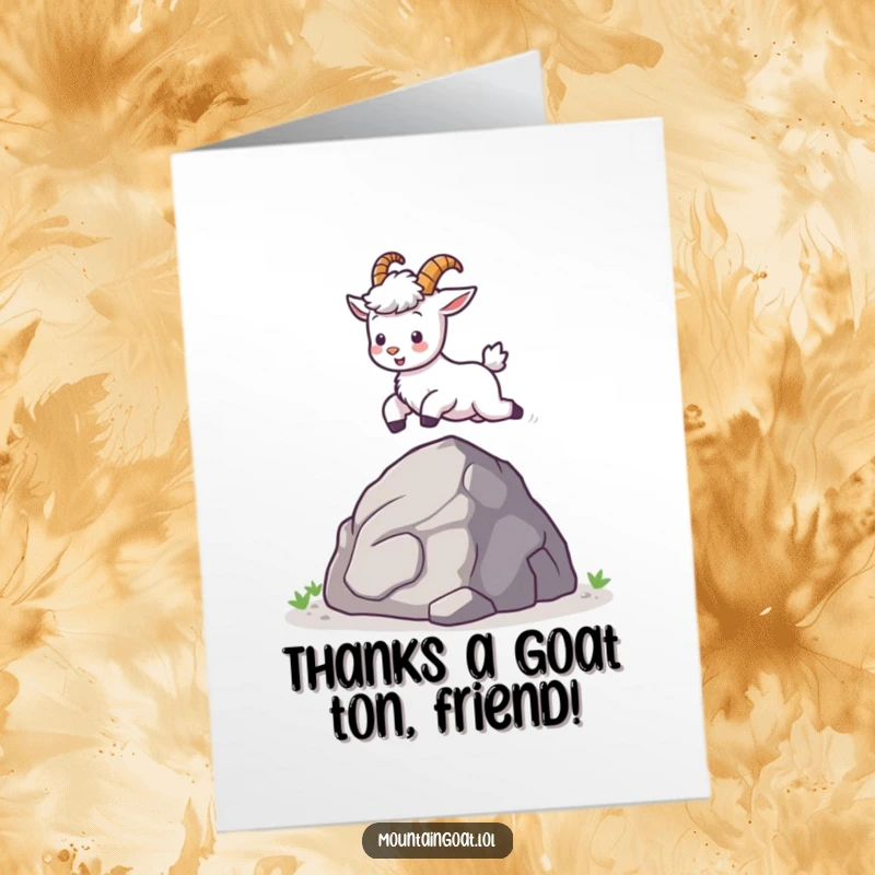Funny Free Printable Kawaii Mountain Goat Card: Tiny goat leaping with joy to express thanks, a cute downloadable.