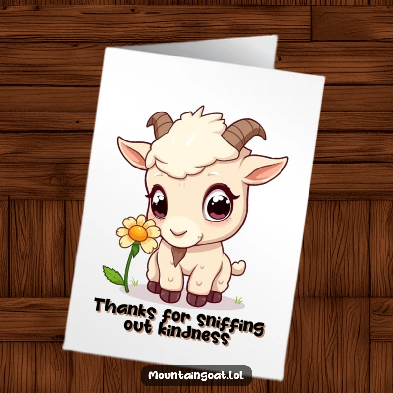 Funny Free Printable Thank You Card: A Kawaii mountain goat with wide eyes curiously sniffing a flower, expressing heartfelt thanks.
