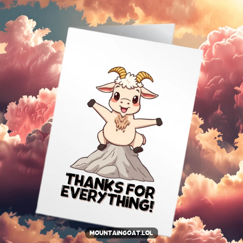 Funny Free Printable Thank You Card depicting a happy mountain goat in a whimsical pose on a peaceful mountain summit.