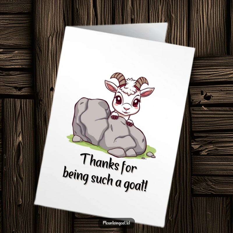 Funny Free Printable Thank You Card: A curious mountain goat peeking from a rock, perfect for expressing gratitude with a giggle.