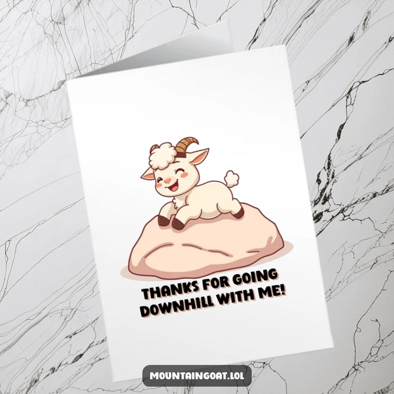 Funny Free Printable Thank You Card: Giggling kawaii mountain goat tumbling down a hill, expressing thanks with sheer delight.