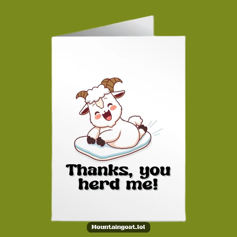 Free Printable Thank You Card: Giggling Goat Snow Adventure! Funny Downloadable Gift.