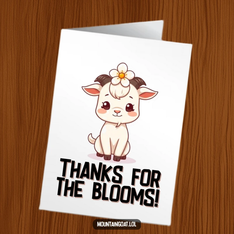 Funny Free Printable Thank You Card: Goatee delicately balancing a flower on its head, conveying thanks.
