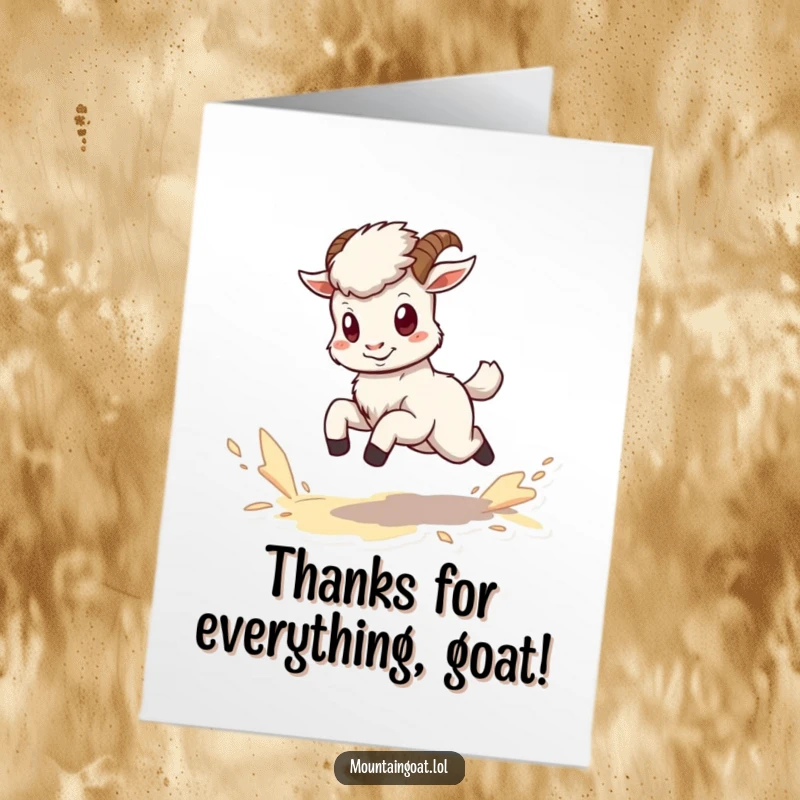 Funny Free Printable Thank You Card: A tiny, energetic kawaii goat making a dusty run to express thanks with adorable zest.